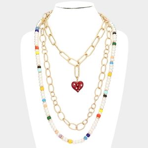 Red Gold Heart Pendant Link Necklace Chain Triple Layered Pearl Beaded Statement